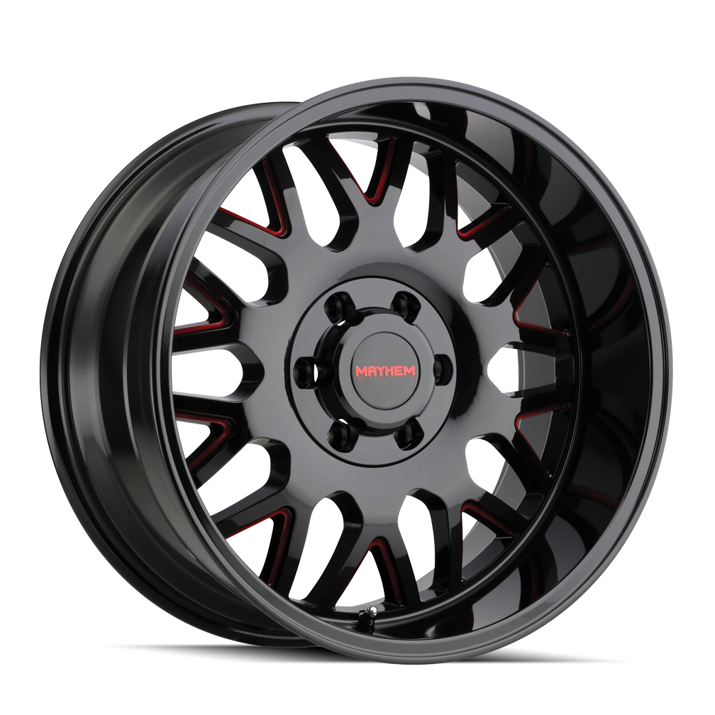 MAYHEM TRIPWIRE 20x9 Gloss Black Milled Prism Red Wheels - High-Performance and Stylish!